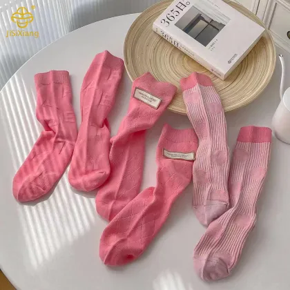 Korean Pink Mid Socks Handmade Label Sports Socks