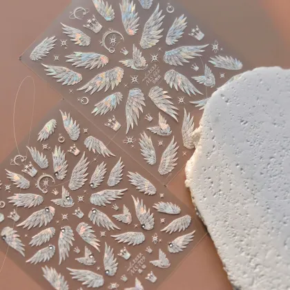 White Angel Wings Nail Stickers with Crystal Diamonds
