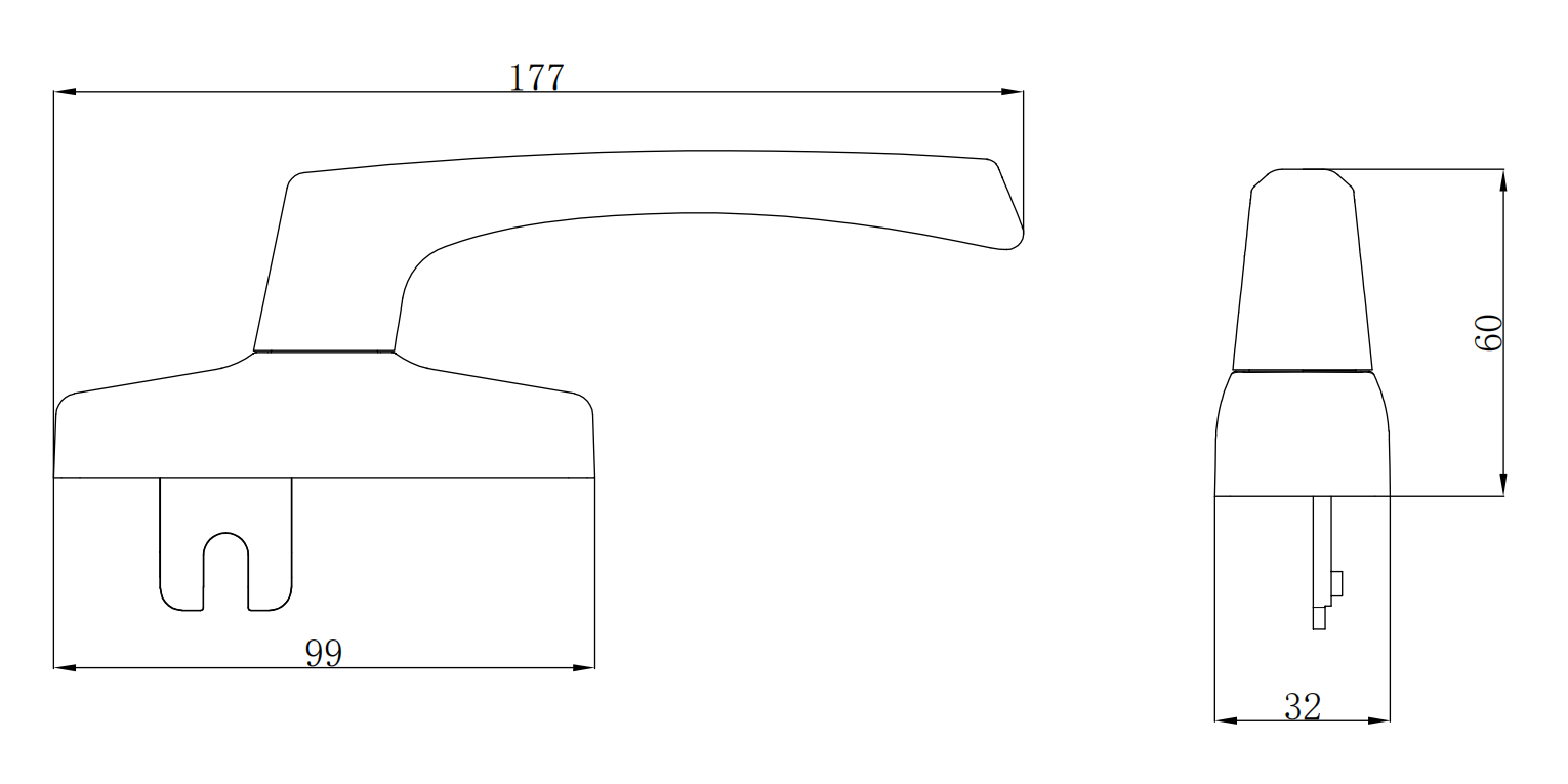 BC807 aluminum casement window handle technical drawing with 177 mm lever length 99 mm base width and 60 mm overall height