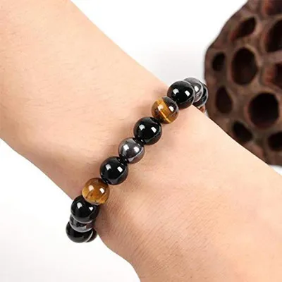 Natural Obsidian Tiger's Eye Healing Bracelet for Stress & Anxiety Relief with Hematite