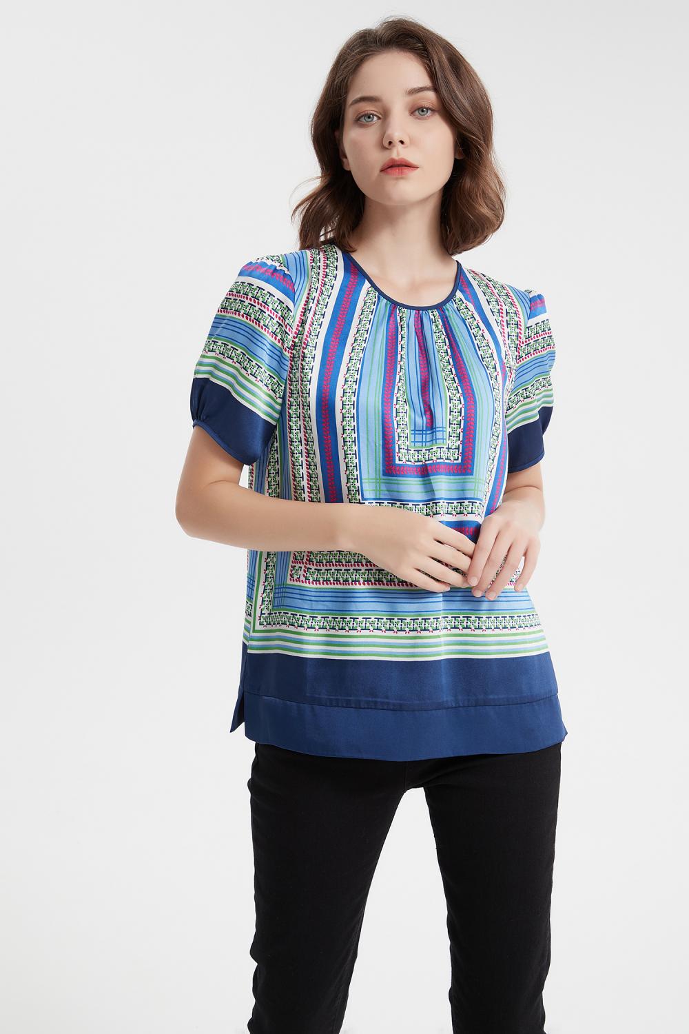 Lady redond round pescoço blusa de camisa de cetim