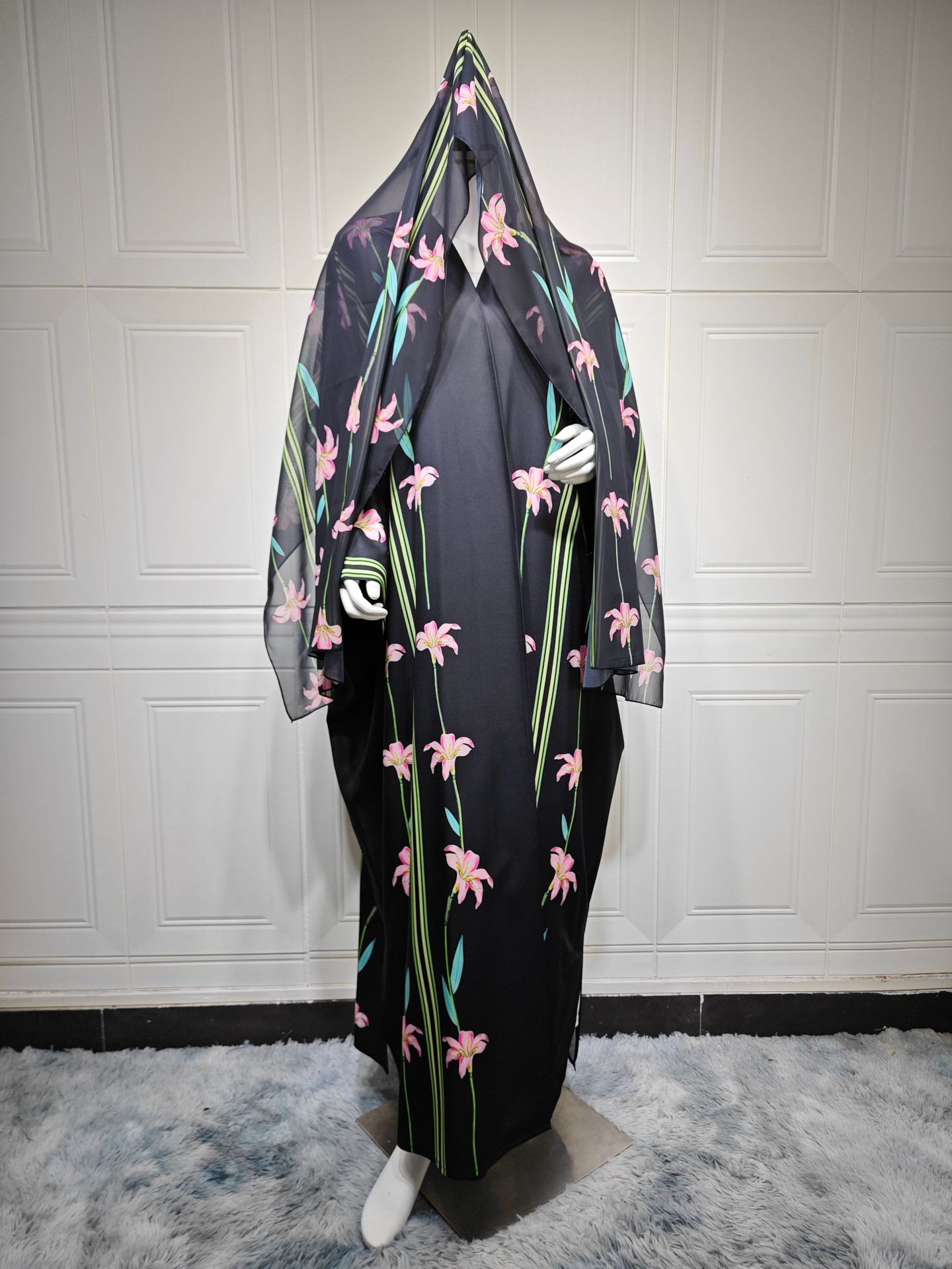New Turkish Kimono Muslim Long Cardigan Abaya Floral Printed Islamic Clothing Modest Saudi Arabia Dubai Abaya with Hijab5