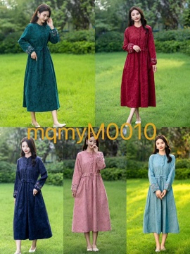 Cotton and linen jacquard fungus collar elastic drawstring lace-up dress