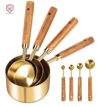 Stainless Steel Measuring Cup Set with Scales and Engraved Wooden Handles