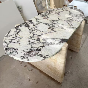 Customized Modern Dining Coffee Table Set with Calacatta Viola and Travertine Marble