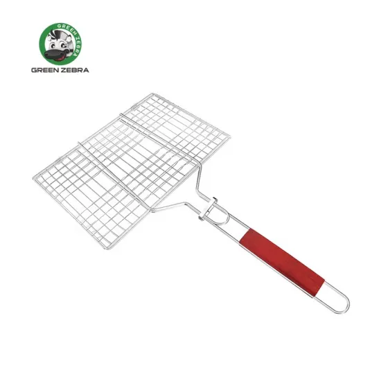 Portable Stainless Steel Barbecue Grid and Grill Basket with Long Wood Handle