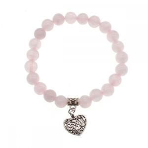 Bracelet de breloques de perles rondes de pierres précieuses naturelles de chakra de quartz de rose de 8MM avec coeur en alliage