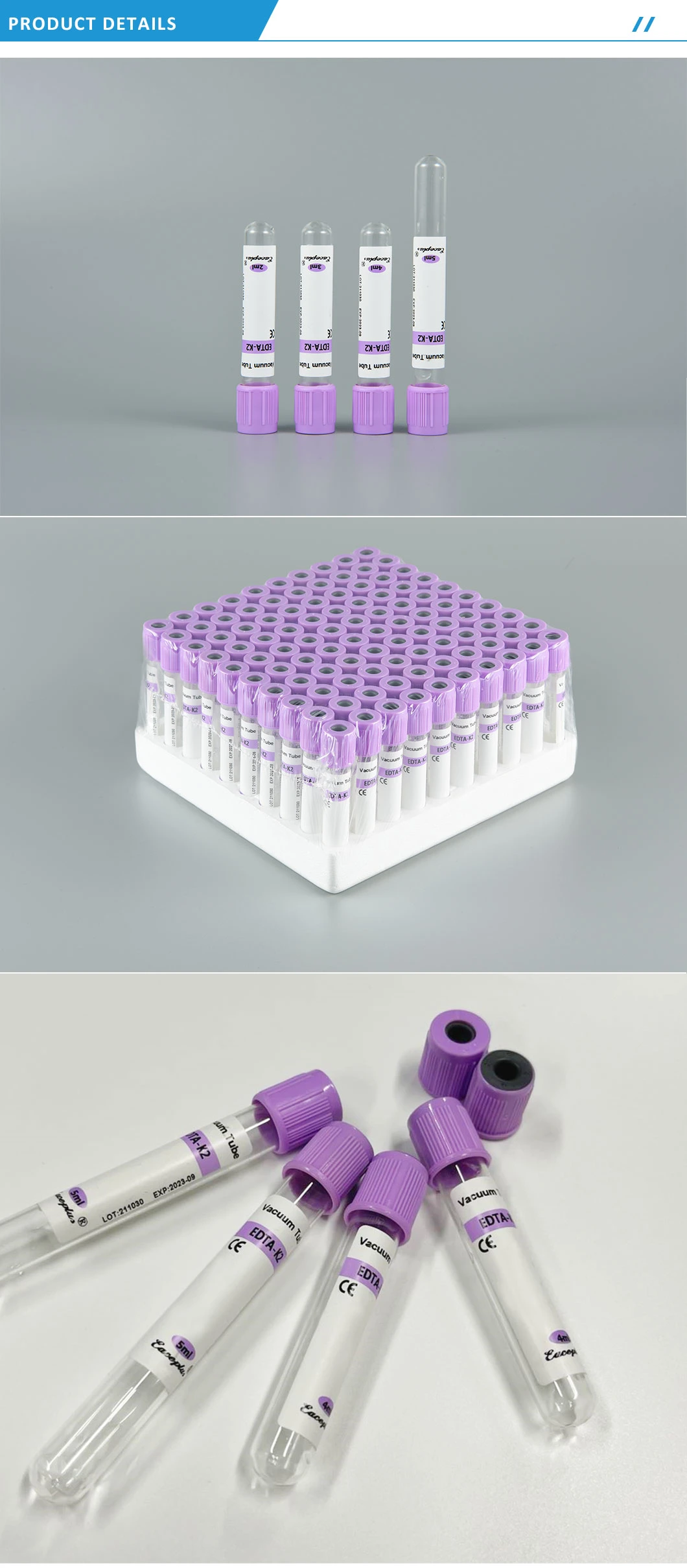 Médical jetable Purple Capuche Vacuum Blood Collection Pet Glass Edta K2 K3 Tube