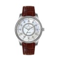 Pearl Dial de cuero y reloj de cuarzo de cuarzo para hombres de diamantes