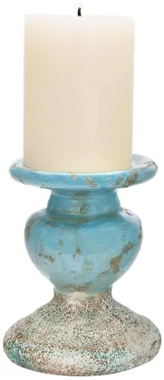 Small Distressed Blue Terracotta Pillar Candle Holder
