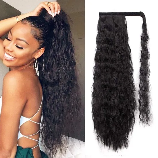 Vigorous 22 " Long Curly Ponytail Hair Extension Magic Paste Heat Resistant Synthetic Wrap Black Hairpiece for Black Women
