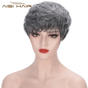 Aisi Hair Heat Resistant Fiber Straight Short Hair Bob Wigs with Neat Bangs Grey Mixed Black Short Bob Wigs for Women
