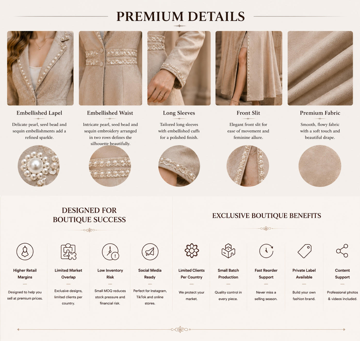 pearl embellished beige long blazer coat design details