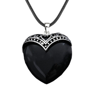 Black Obsidian Antique Silver Alloy Heart Pendant Necklace 45cm Black Cord