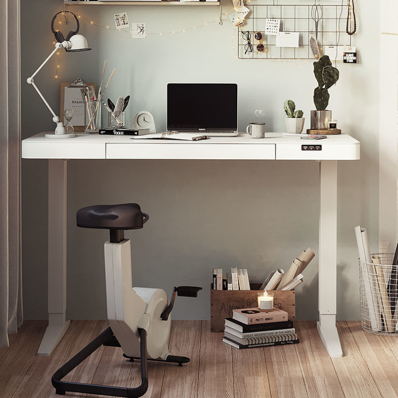 Bureaux d'ordinateur en verre à hauteur de levage blanc