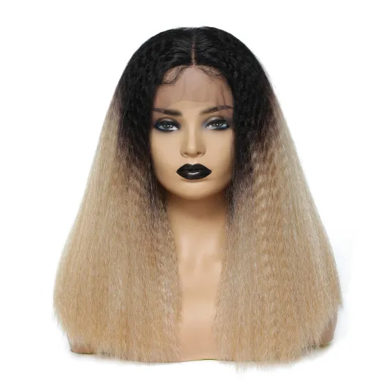 X-TRESS Synthetic Lace Front Wig For Women Kinky Straight Ombre Blonde Middle Part Blunt Hair Wigs With Baby Hair