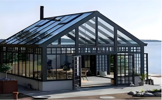 Aluminum sunroom integrated perfectly with sliding aluminum door and awning aluminum window