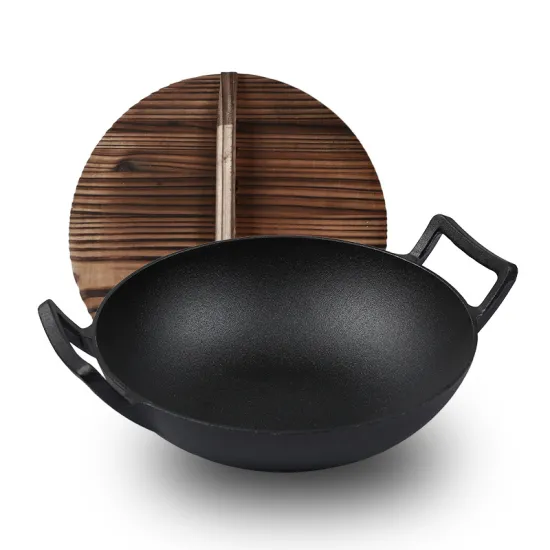 Eco-friendly woks cast iron Set 32cm with Two iron handle With Wood Handle