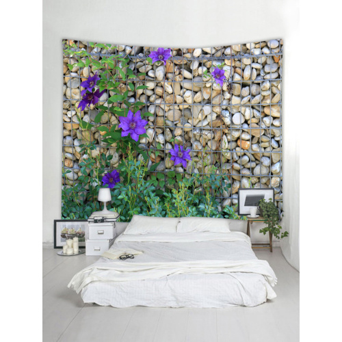 Cobblestone Wall Tapestry Purple Flowers Tapestry Wall Hanging Polyester Print Tapestry for Livingroom Bedroom Home Dorm Decor