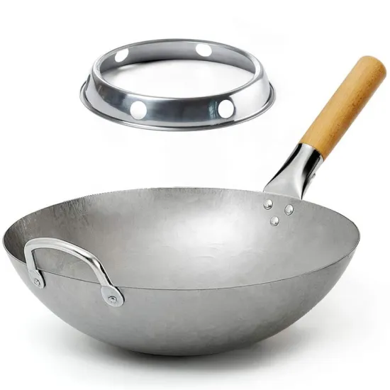 High Quality Chinese Hammered Carbon Steel Cooking Wok with Stainless Steel Wok Rack