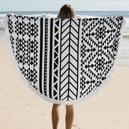 Large custom printed circle beach towel with tassels