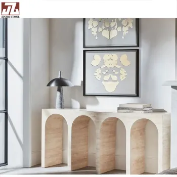 Custom Beige Travertine Stone Console Table - Modern Luxury Home Bar Top