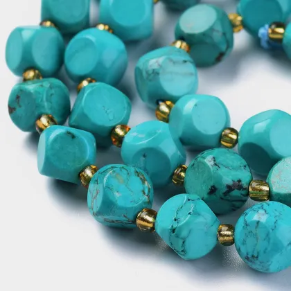 Vintage Style Natural Turquoise Six Sided Celestial Dice Bead Strands with Seed Beads - PandaHall Exclusive
