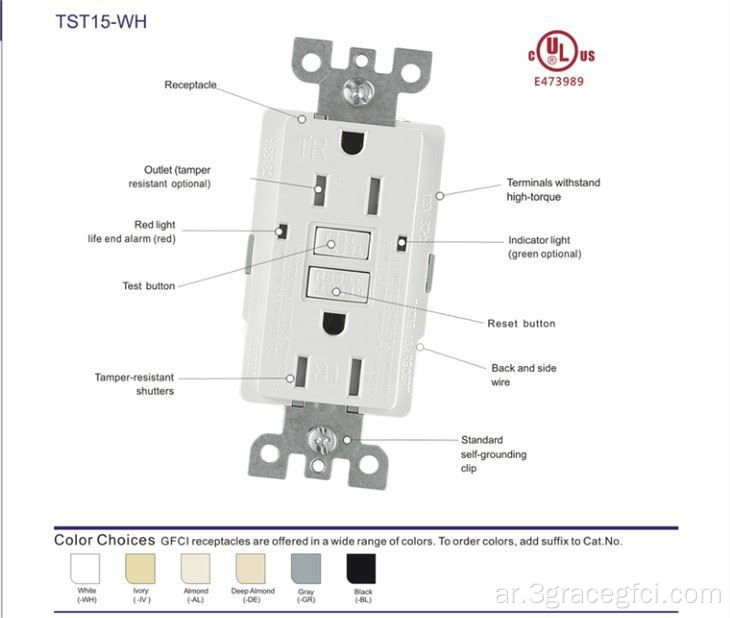 UL المدرجة GFCI Outlet 15AMP 125V