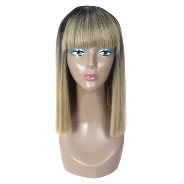 14 inch Medium Straight Wigs with Bangs Ombre Synthetic Hair Wigs for Women Natural Looking Heat Resistant Cosplay Party Wig