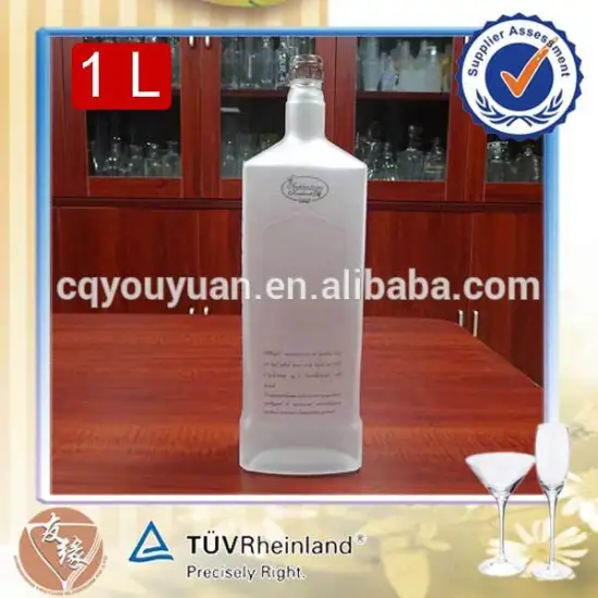 Custom made alcohol vodka white frosted rectangle embossed 1 liter square glass bottle