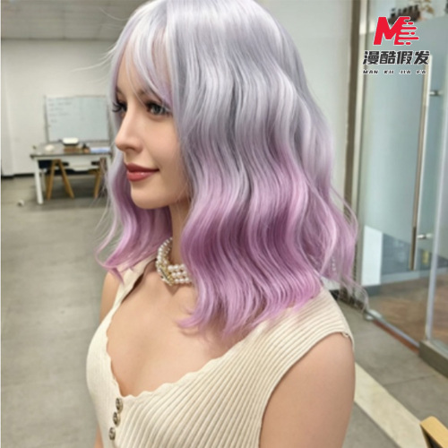 Lavender Purple Ombre Wavy Synthetic Wig with Bangs 2