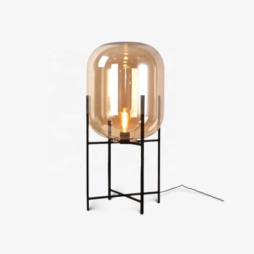 Nordic Modern Black Table Lamp with Amber Smoky Grey Glass Shade