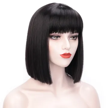 Vigorous Cheap Black Colored Short Bob Wig With Bangs Heat Resistant Synthetic Short Straight Wig For Black Women