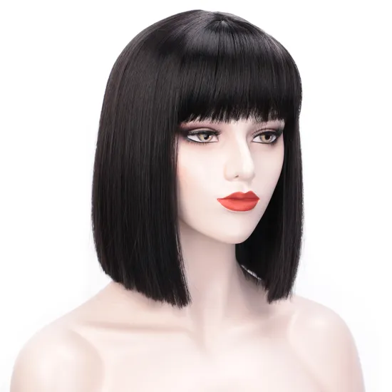Vigorous Cheap Black Colored Short Bob Wig With Bangs Heat Resistant Synthetic Short Straight Wig For Black Women