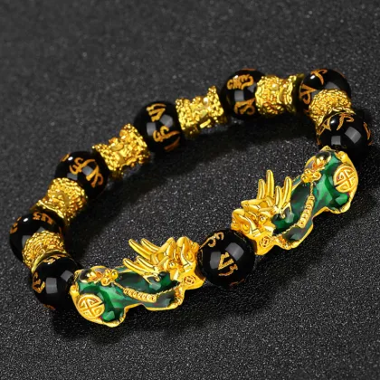 High-Quality Black Obsidian Stone Pixiu Bracelet: Color-Changing Fengshui Charm for Women and Men