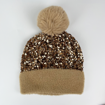 Wholesale Low MOQ High Quality Custom Color Solid Big Fake Fur Shiny Pom Pom Beanie Hat