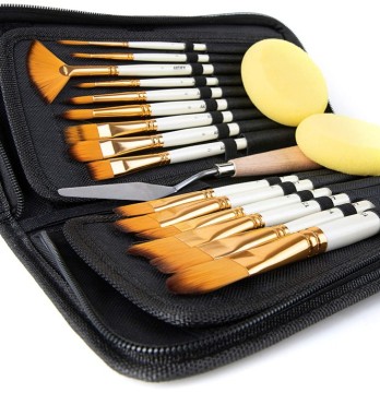 15 Pcs Paint Brush Set with Carrying Case, Palette Knife, and Sponges