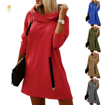 Solid Color Women's Zippered Cotton Loose Hooded Dress