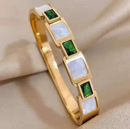 Green Diamond White Shell Titanium Bangle