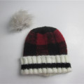 Detachable Pompom Plaid Cuff Beanie