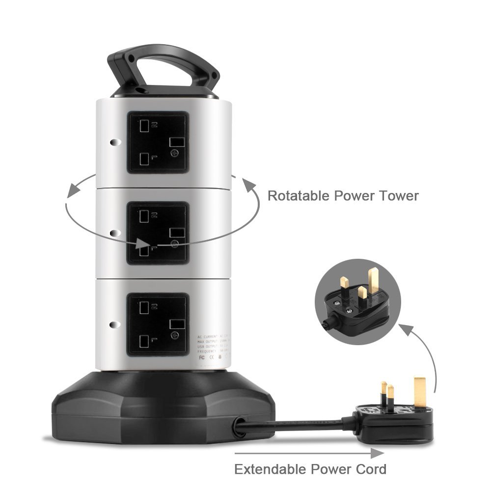 Vertical Power Strip Surge Protector Tower 2/3/4 Layer Outlet UK Electric Plug Socket USB Charger 3m Extention Cord Office Home