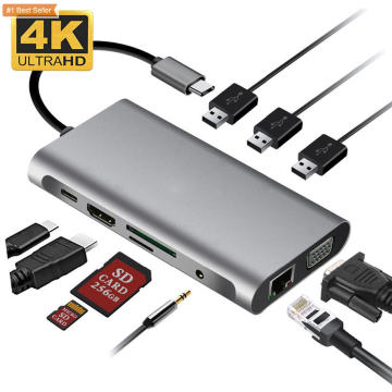 Aluminum OTG 10-in-1 Type-C Adapter - Universal HD MI Docking Station Card Reader USB Hub