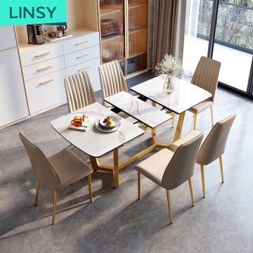 Linsy China Extendable Wood Dining Table with 6 Chairs - Modern Marble Top Dinning Set LH038R1