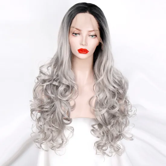 Aisi Beauty Wholesale Vendor Ombre Gray Big Curly Wave Wig Long Wavy Swiss Lace Synthetic Hair For Black Women Lace Front Wig