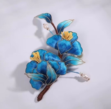 Blue national style peony velvet flower brooch
