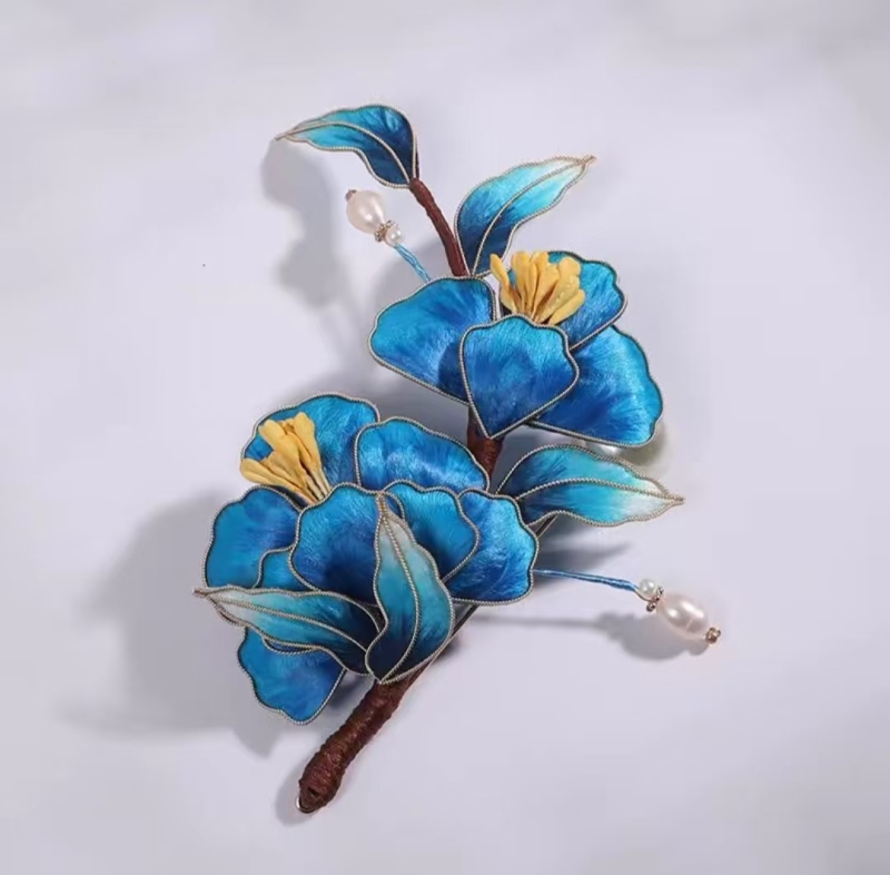 Blue national style peony velvet flower brooch