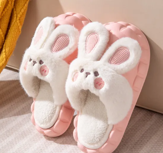 Cute Rabbit-themed Detachable Cotton Slippers with Plush Fur Upper for Women