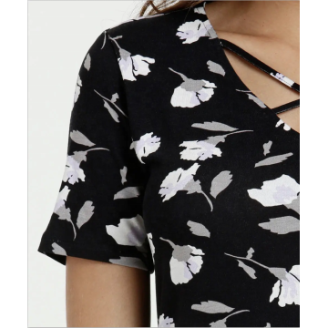 Flower printed blouse cross tie on the front