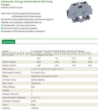 2-conductor Through Terminal Block with fixing flanges