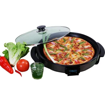CHINCO 1500W Electric Skillet & Pizza Maker - Cast Iron Round Non-Stick Coating for Cooking & Camping